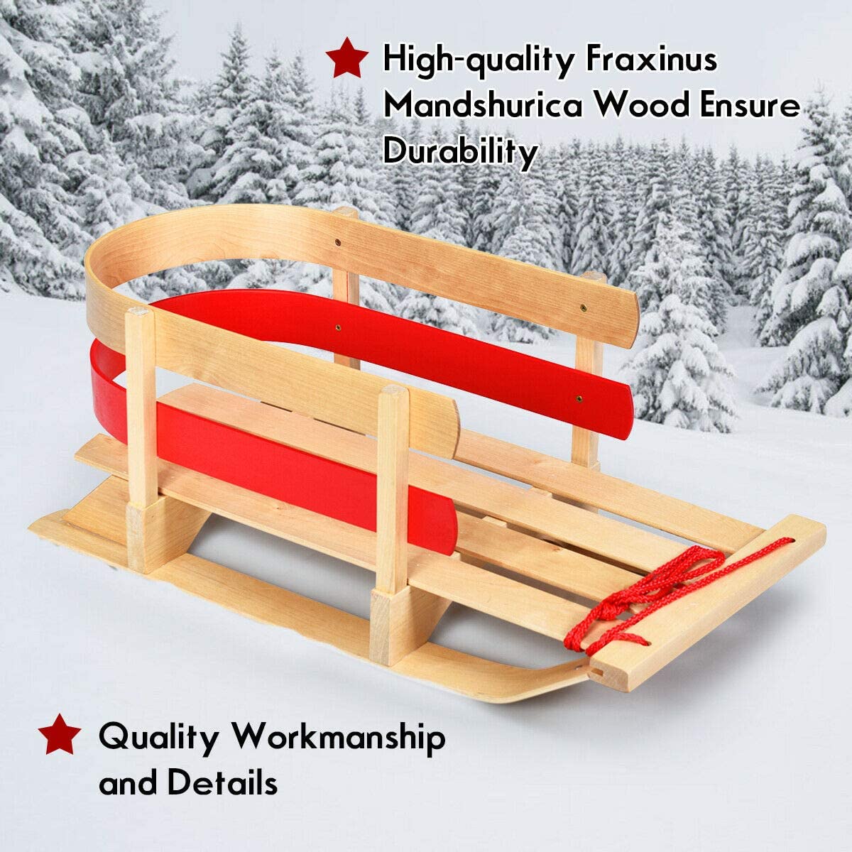 Chairliving Outdoor Wooden Play Snow Sled Pull Steering Slider with Solid Wood Seat Sleigh Toboggan for Toddles Kids Adults