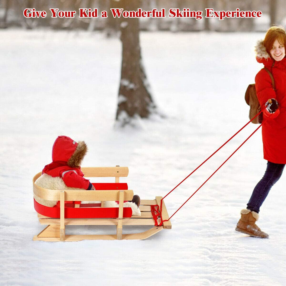 Chairliving Outdoor Wooden Play Snow Sled Pull Steering Slider with Solid Wood Seat Sleigh Toboggan for Toddles Kids Adults