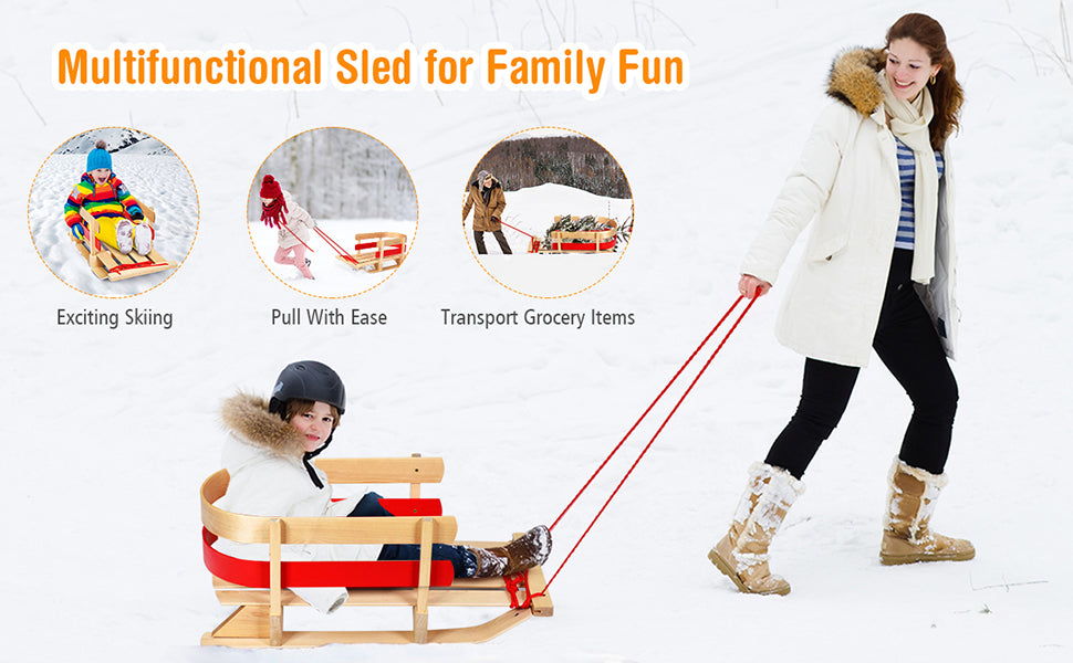 Chairliving Outdoor Wooden Play Snow Sled Pull Steering Slider with Solid Wood Seat Sleigh Toboggan for Toddles Kids Adults