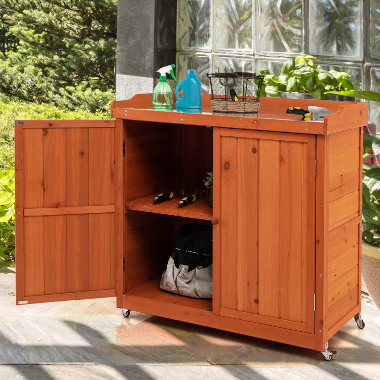 Chairliving Outdoor Wooden Storage Cabinet Garden Shed Workstation with 4 Universal Wheels and Removable Shelf