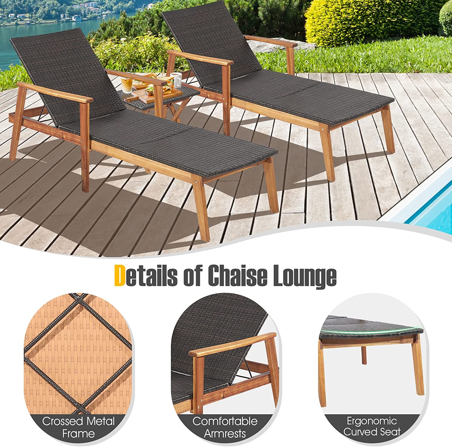 Chairliving Patio Chaise Lounge Chair Outdoor Rattan Recliner with Folding Side Table and Adjustable Backrest for Backyard