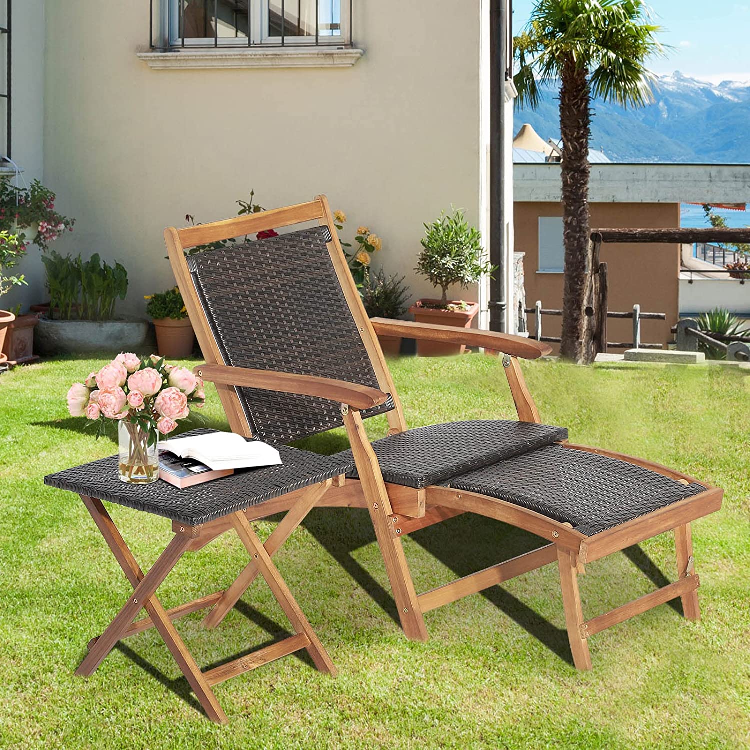 Chairliving Patio Rattan Folding Chaise Lounge Chair and Side Table Set with Retractable Footrest for Garden Backyard