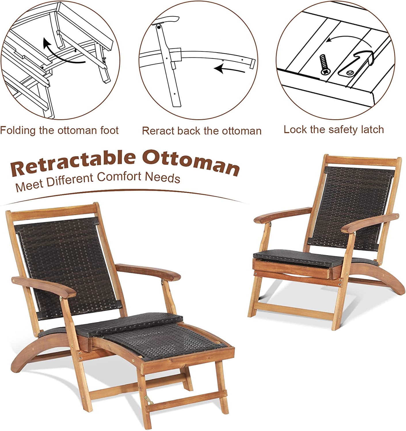 Chairliving Patio Rattan Folding Chaise Lounge Chair and Side Table Set with Retractable Footrest for Garden Backyard