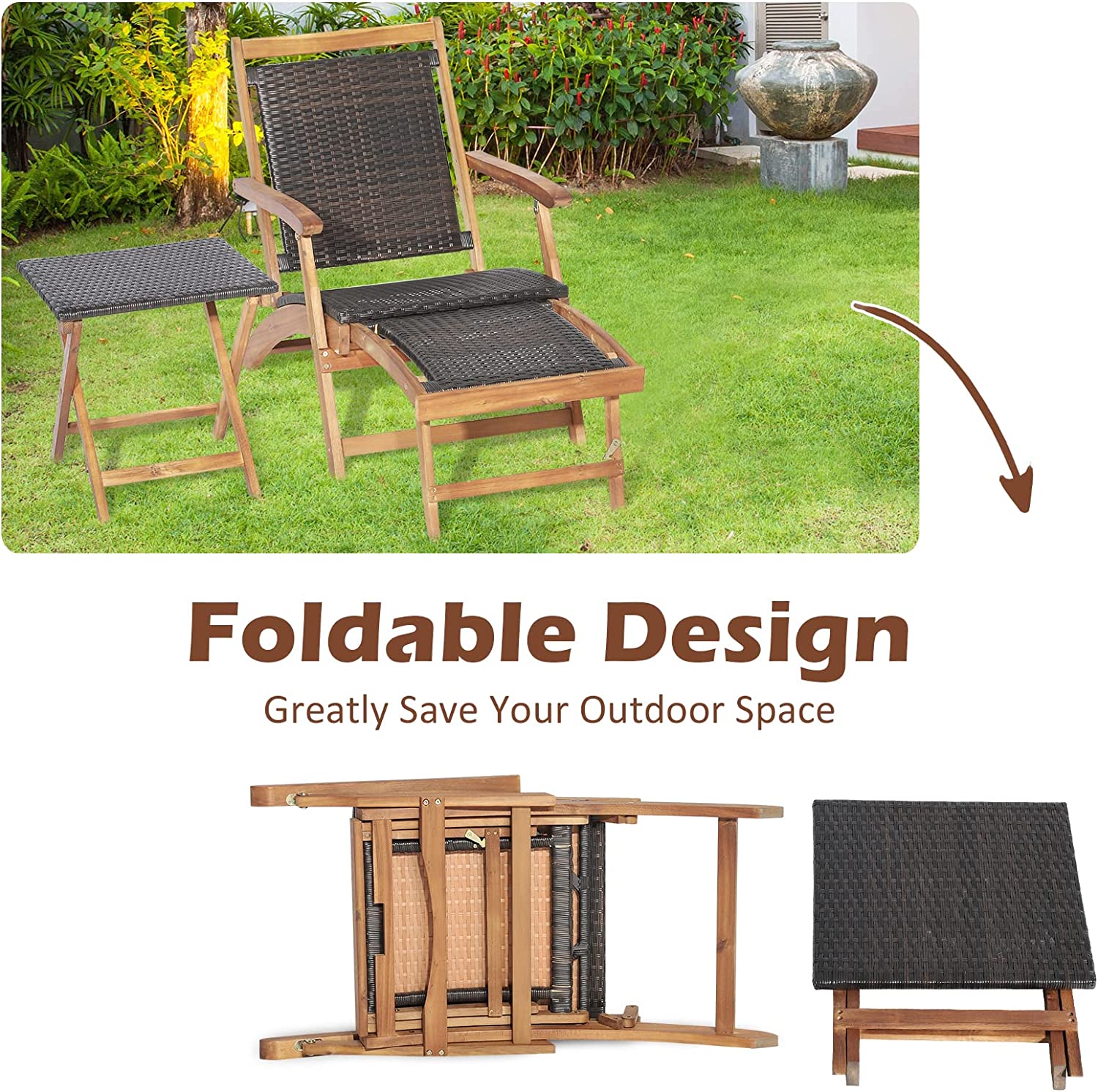 Chairliving Patio Rattan Folding Chaise Lounge Chair and Side Table Set with Retractable Footrest for Garden Backyard