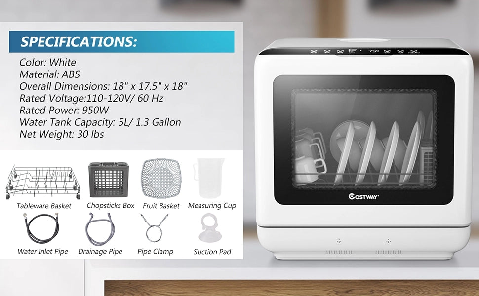 Chairliving Portable Compact Countertop Dishwasher with Air-dry Function and 5 Washing Programs