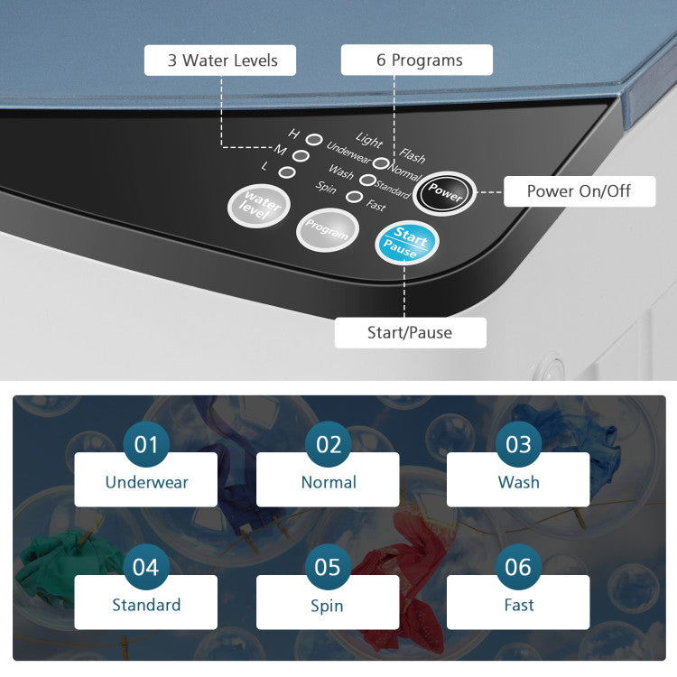 Chairliving Portable Full-Automatic Washing Machine 7.7lbs Compact Laundry Washer Spin Combo with 6 Programs and Adjustable Feet