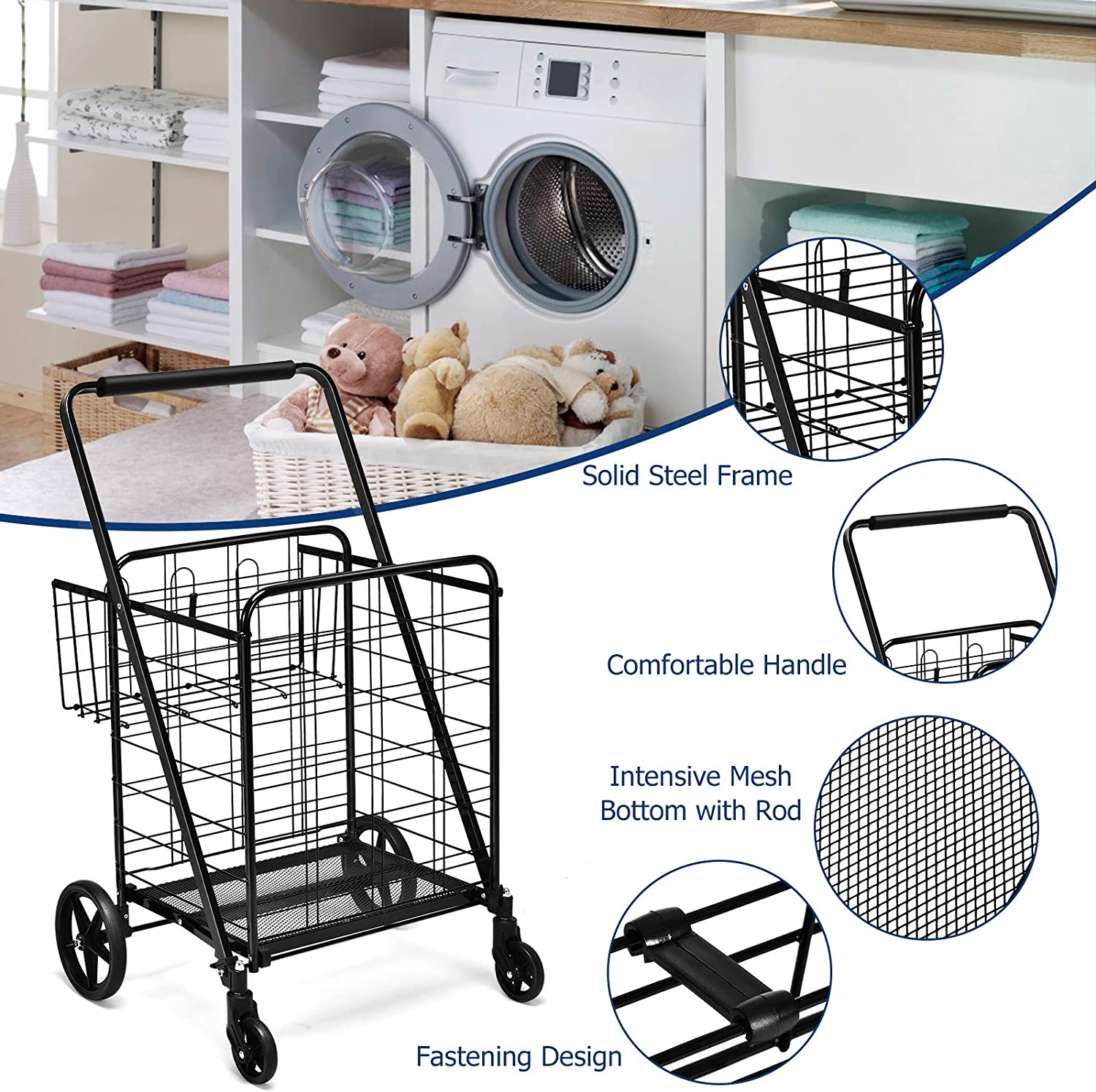 Chairliving Portable Jumbo Double Basket Utility Grocery Heavy Duty Folding Shopping Cart with 360° Rolling Swivel Wheels