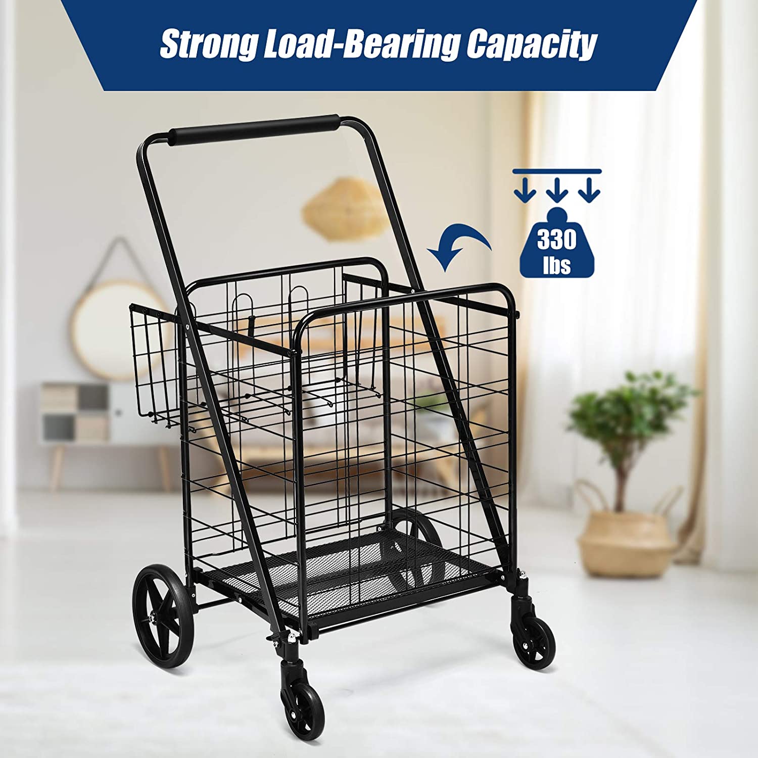Chairliving Portable Jumbo Double Basket Utility Grocery Heavy Duty Folding Shopping Cart with 360° Rolling Swivel Wheels