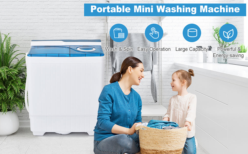 Chairliving Portable Semi-automatic Twin Tub Washing Machine 26lbs Compact Laundry Washer with Spin Dryer and Built-in Drain Pump for Dorm RV