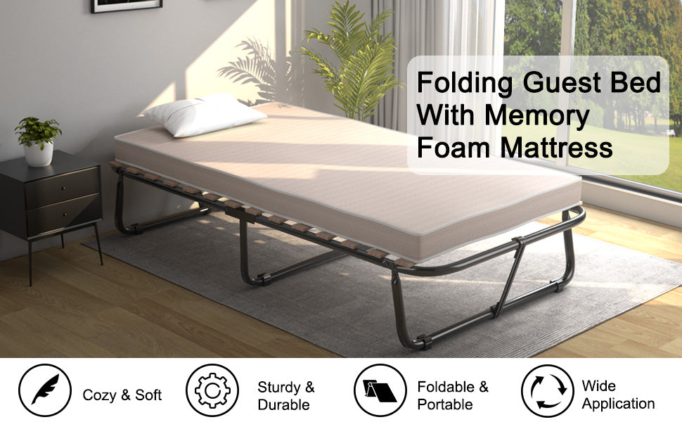 Chairliving Portable Twin Size Folding Bed Rollaway Guest Sleeper Bed with 4 Inch Memory Foam Mattress Sturdy Metal Frame