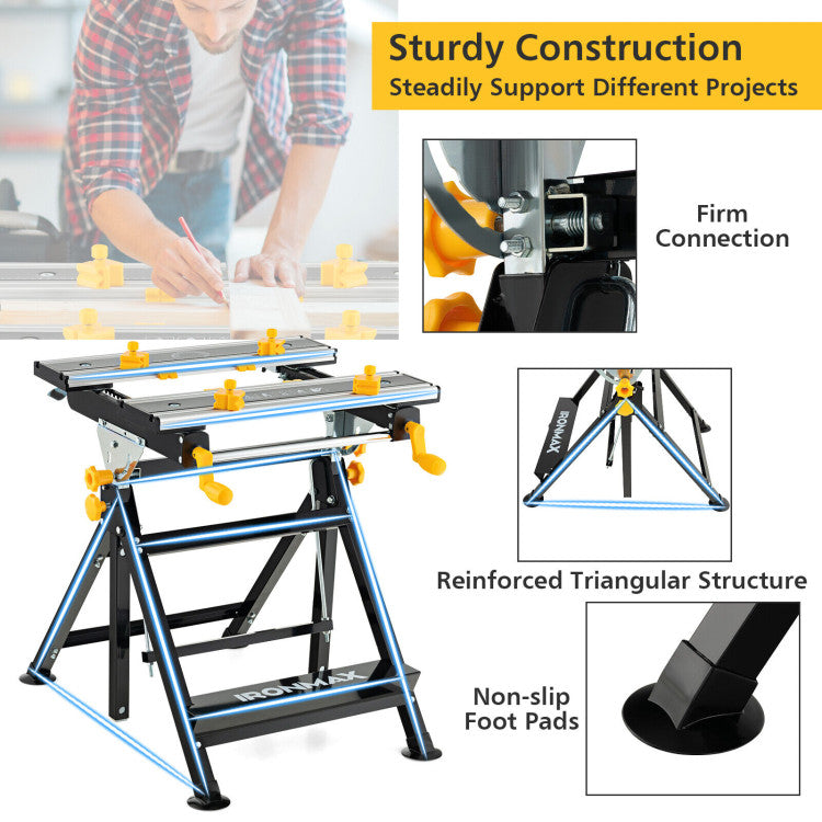 Chairliving Portable Workbench 7-Level Adjustable Folding Work Table with Tiltable Platform and 8 Sliding Clamps for Garage Workshop