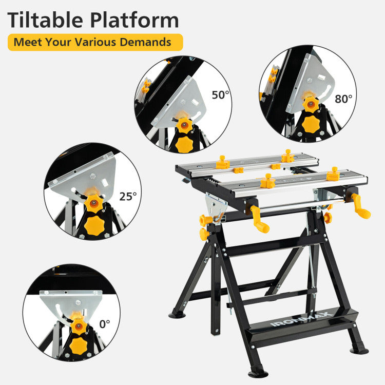 Chairliving Portable Workbench 7-Level Adjustable Folding Work Table with Tiltable Platform and 8 Sliding Clamps for Garage Workshop