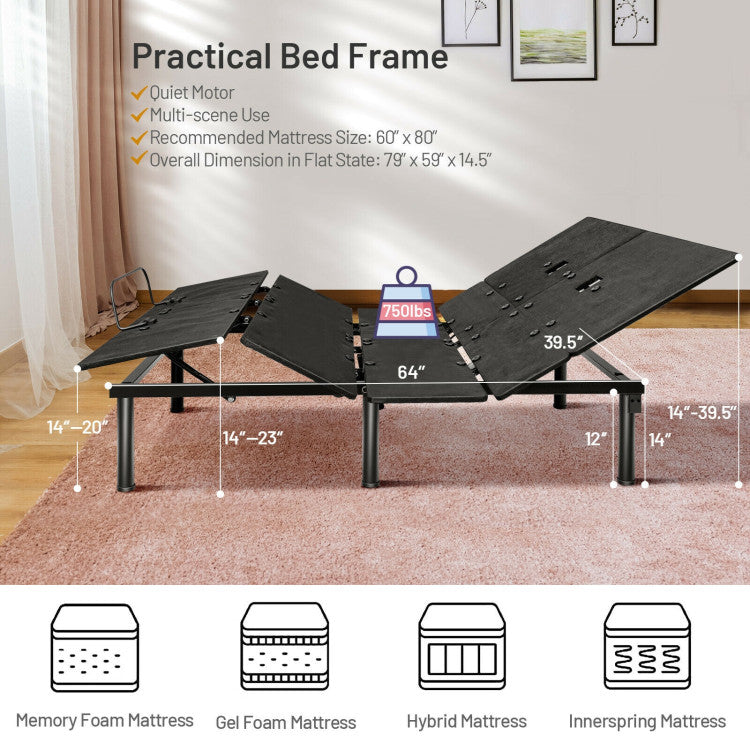 Chairliving Queen Size Electric Adjustable Bed Base Zero Gravity Bed Frame with Remote and LED Light