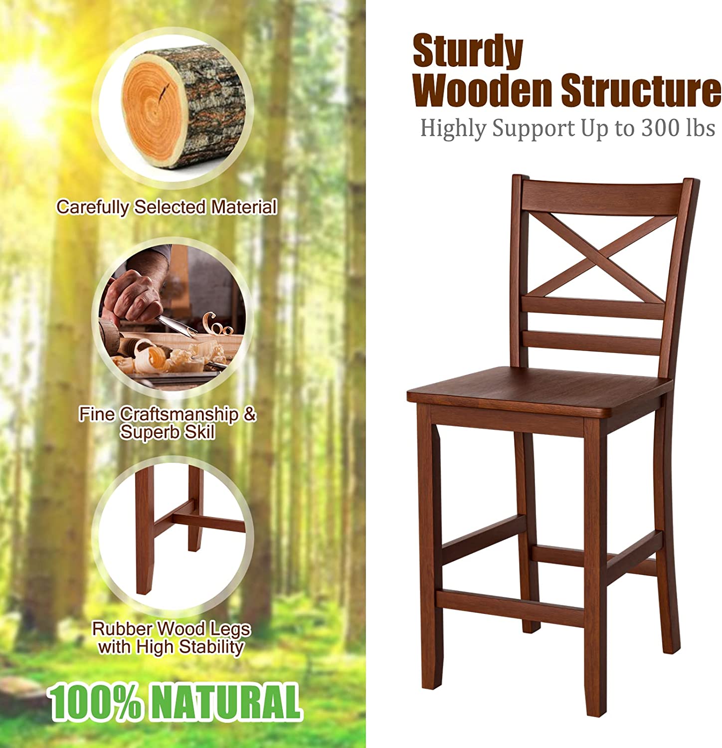 Chairliving Set of 2 Bar Stools 24 Inch Antique Kitchen Counter Height Chairs with Wooden X-Shaped Backrest and Rubber Wood Legs