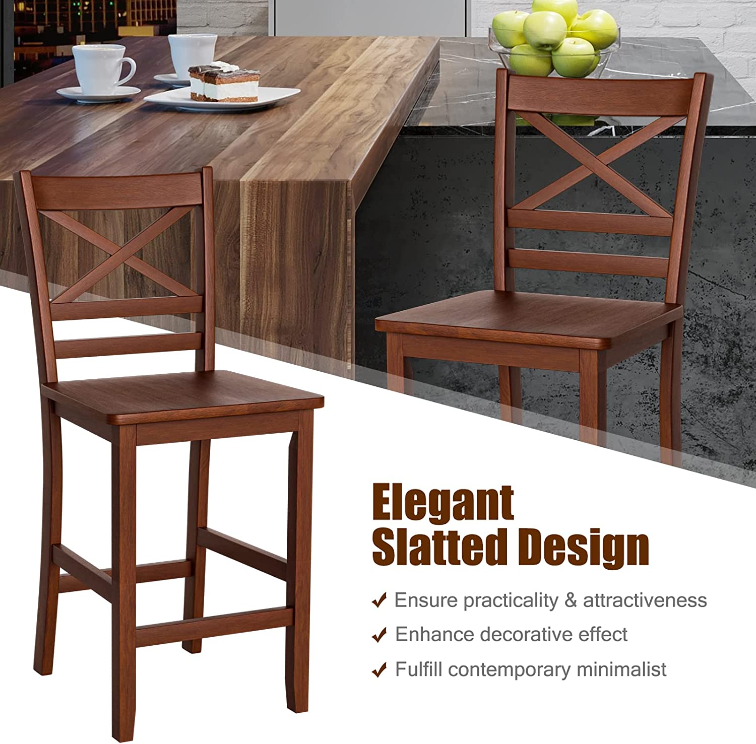 Chairliving Set of 2 Bar Stools 24 Inch Antique Kitchen Counter Height Chairs with Wooden X-Shaped Backrest and Rubber Wood Legs