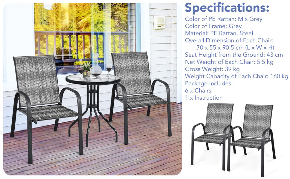 Chairliving Set of 6 Outdoor Rattan Dining Chairs Patio PE Wicker Stackable Chairs with Sturdy Steel Frame
