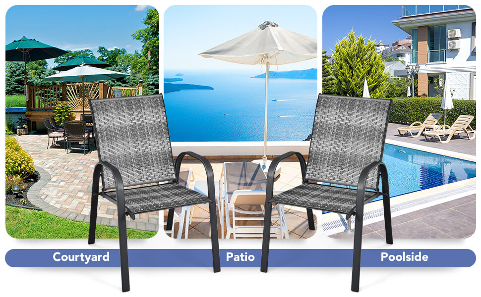 Chairliving Set of 6 Outdoor Rattan Dining Chairs Patio PE Wicker Stackable Chairs with Sturdy Steel Frame