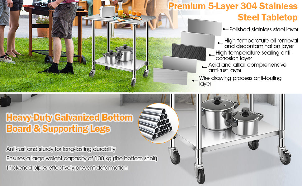 Chairliving Stainless Steel Heavy Duty Table Commercial Kitchen Prep Work Table with Undershelf Galvanized Legs for Garage Bar