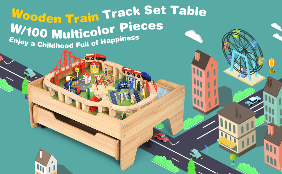 Chairliving Toddler Train Table Set Kids Wooden Activity Table Playset with 100 Multicolor Pieces and Lockable Wheels for Boys Girls Gift 