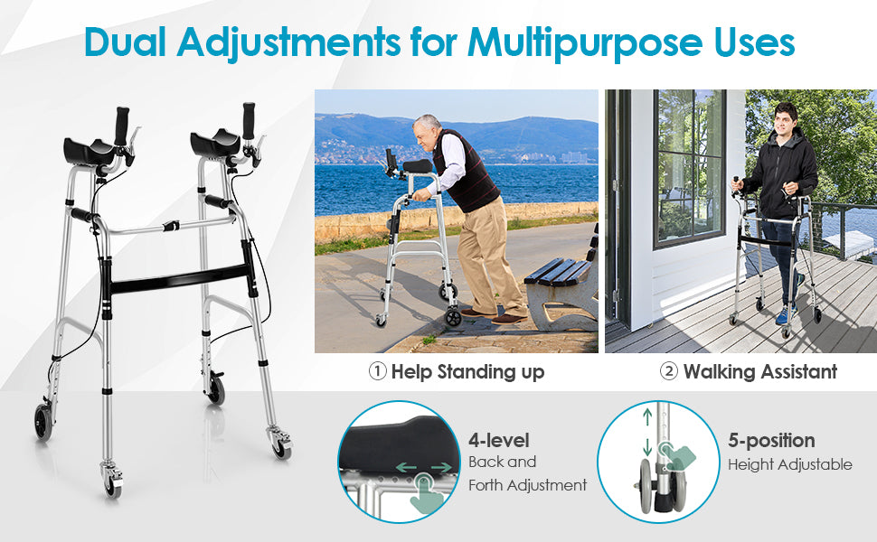 Chairliving Upright Rollator Walkers Height Adjustable Stand-Up Folding Walker with Padded Armrest and Wheels