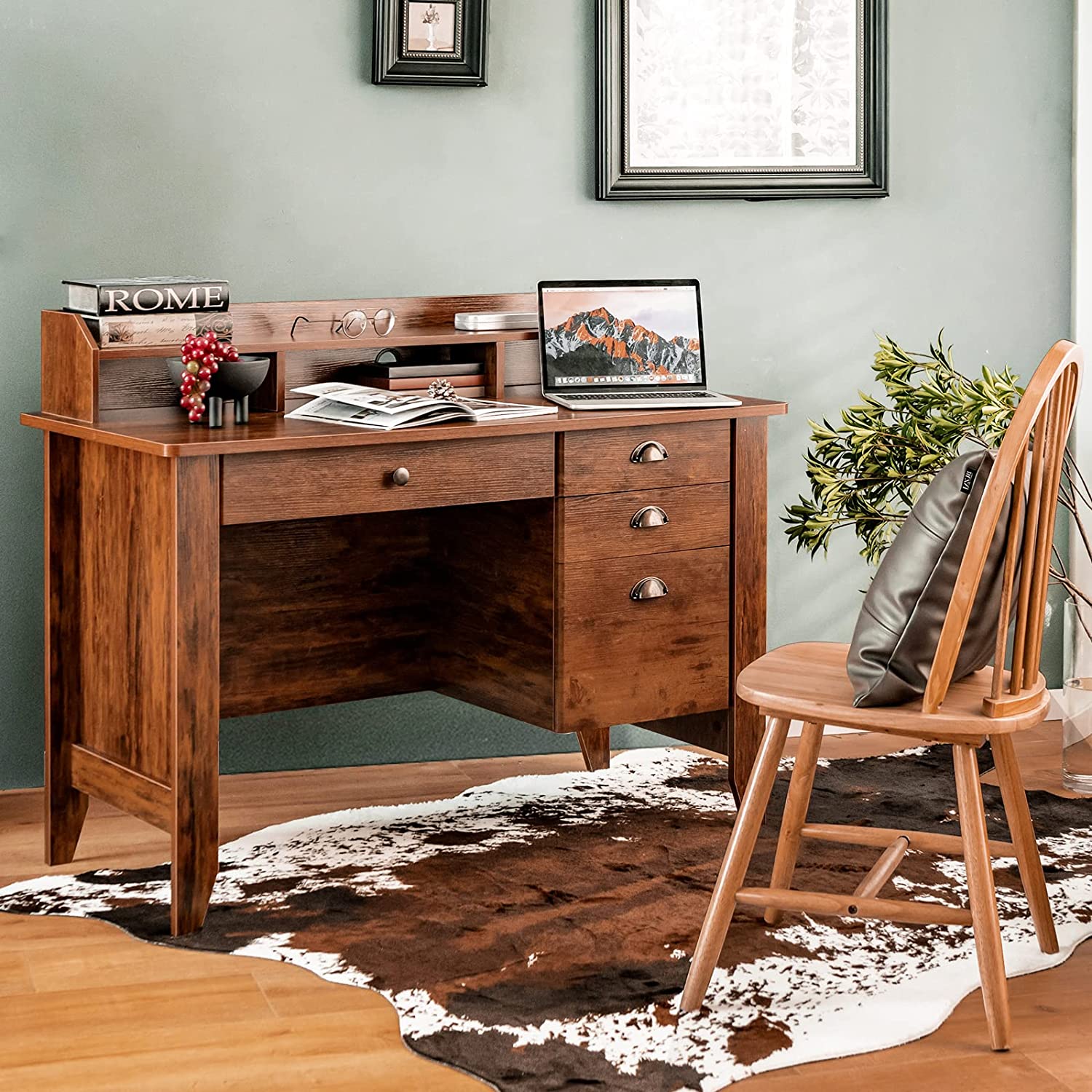 Chairliving Vintage Wooden Computer Desk Home Office Desk Executive Desk Writing Study Desk with 4 Storage Drawers and Hutch