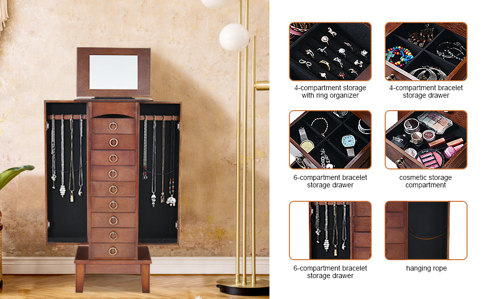 Chairliving Wooden Jewelry Armoire Storage Cabinet Chest Organizer with Flip Top Mirror and 6 Removable Drawers