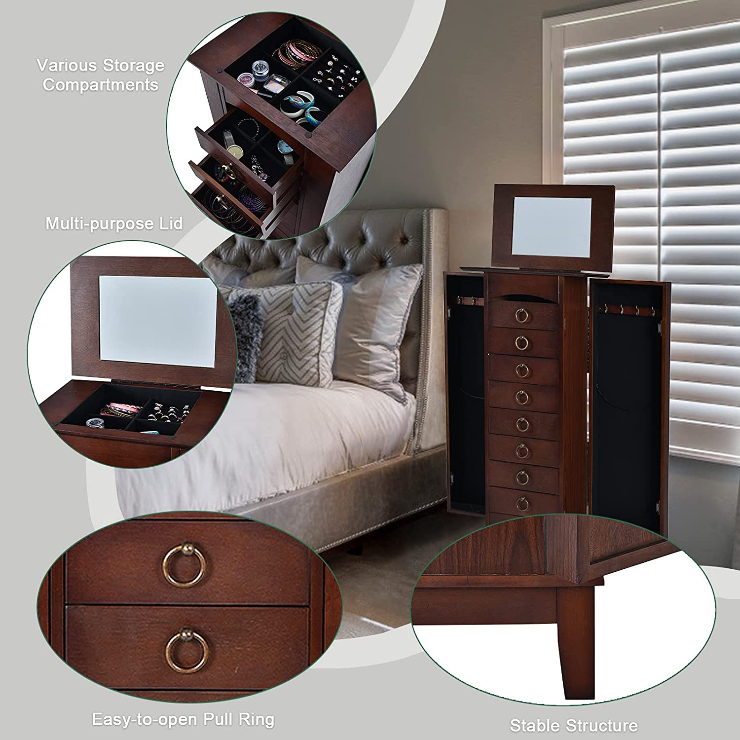 Chairliving Wooden Jewelry Armoire Storage Cabinet Chest Organizer with Flip Top Mirror and 6 Removable Drawers