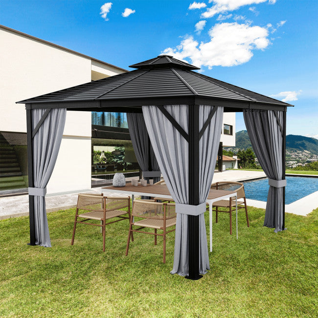 Chairliving 10 x 10 Feet Outdoor Hardtop Gazebo Double-Top Pavilion with Netting and Curtains
