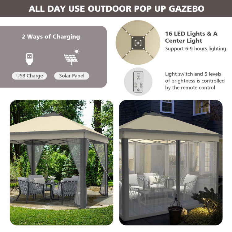 Chairliving 11 x 11 Feet Outdoor Height Adjustable Gazebo Patio Foldable Canopy Tent with Solar LED Light