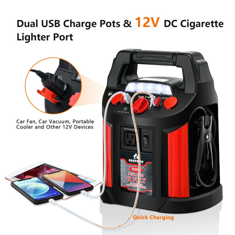 Chairliving 1500 Amp Jump Starter Air Compressor Car Battery Charger Power Bank with LED Light and Smart Clamps