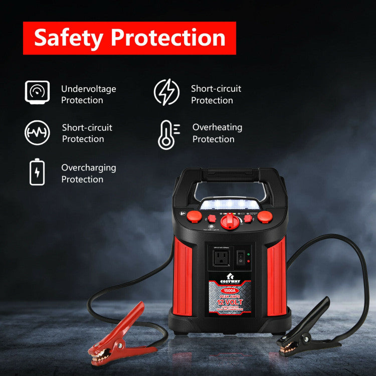 Chairliving 1500 Amp Jump Starter Air Compressor Car Battery Charger Power Bank with LED Light and Smart Clamps