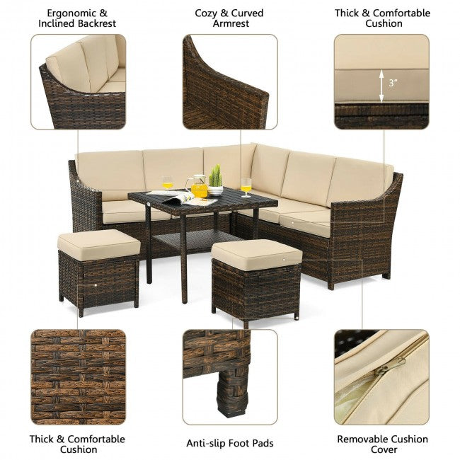 6 Pieces Patio Rattan Furniture Sets Outdoor Wicker Dining Set Conversation Set with Table and Cushion