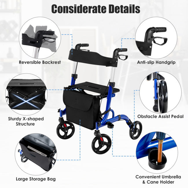 Chairliving 2-in-1 Folding Aluminum Rollator Walker Wheelchair with Adjustable Height and Detachable Storage Bag