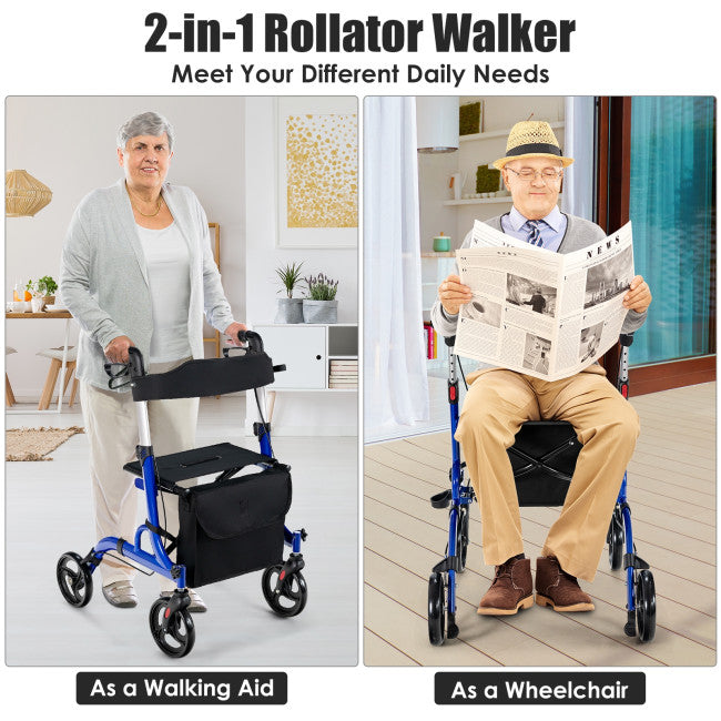 Chairliving 2-in-1 Folding Aluminum Rollator Walker Wheelchair with Adjustable Height and Detachable Storage Bag