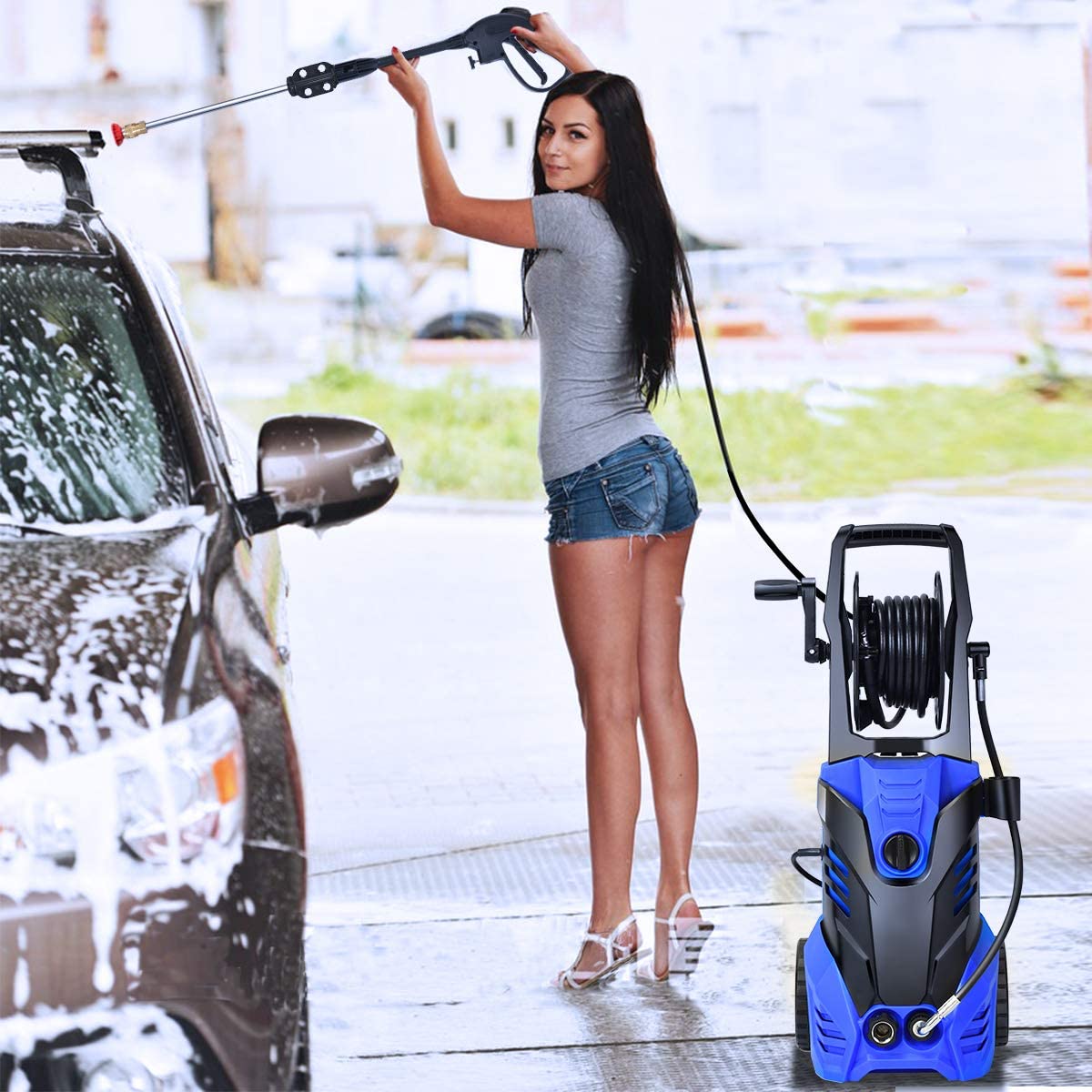 Chairliving 3000PSI Electric Pressure Washer 2.0 GPM Portable High Power Washer with 5 Nozzles and Hose Reel