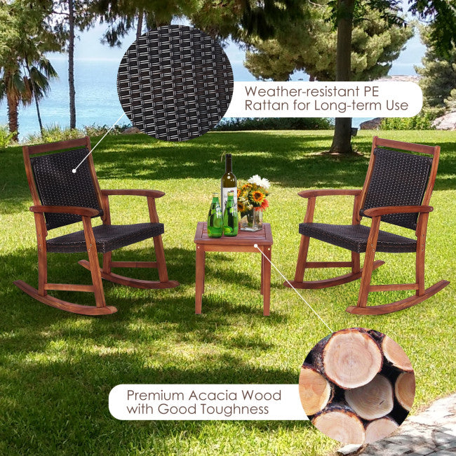 Chairliving 3 Pieces Outdoor Rocking Chair Set Patio Acacia Wood Rocker Bistro Set with Side Table