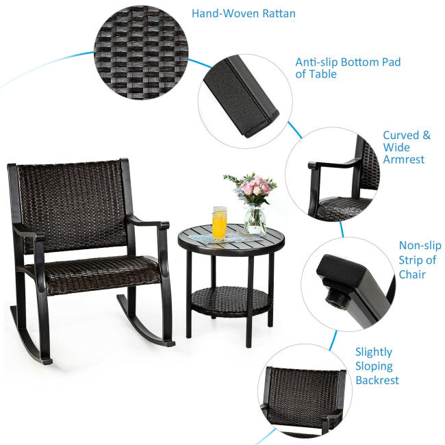 Chairliving 3 Pieces Patio Rattan Rocking Chair and Table Set Outdoor Bistro Set Conversation Sets with Coffee Table