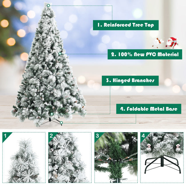 Chairliving 8FT Premium Snow Flocked Artificial Holiday Christmas Pine Tree with Glitter Tips and Metal Base