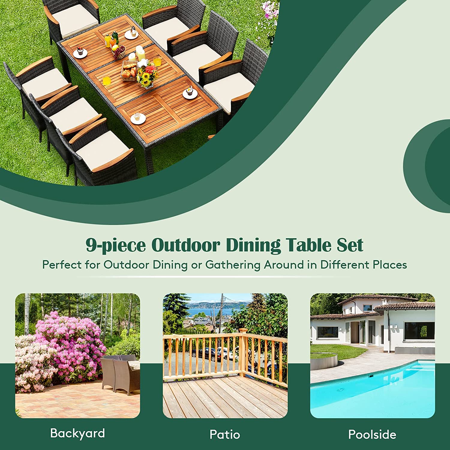 Chairliving 9 Pieces Patio Rattan Dining Set Garden Acacia Wood Furniture Set with 1 Rectangular Table and 8 Cushioned Chairs