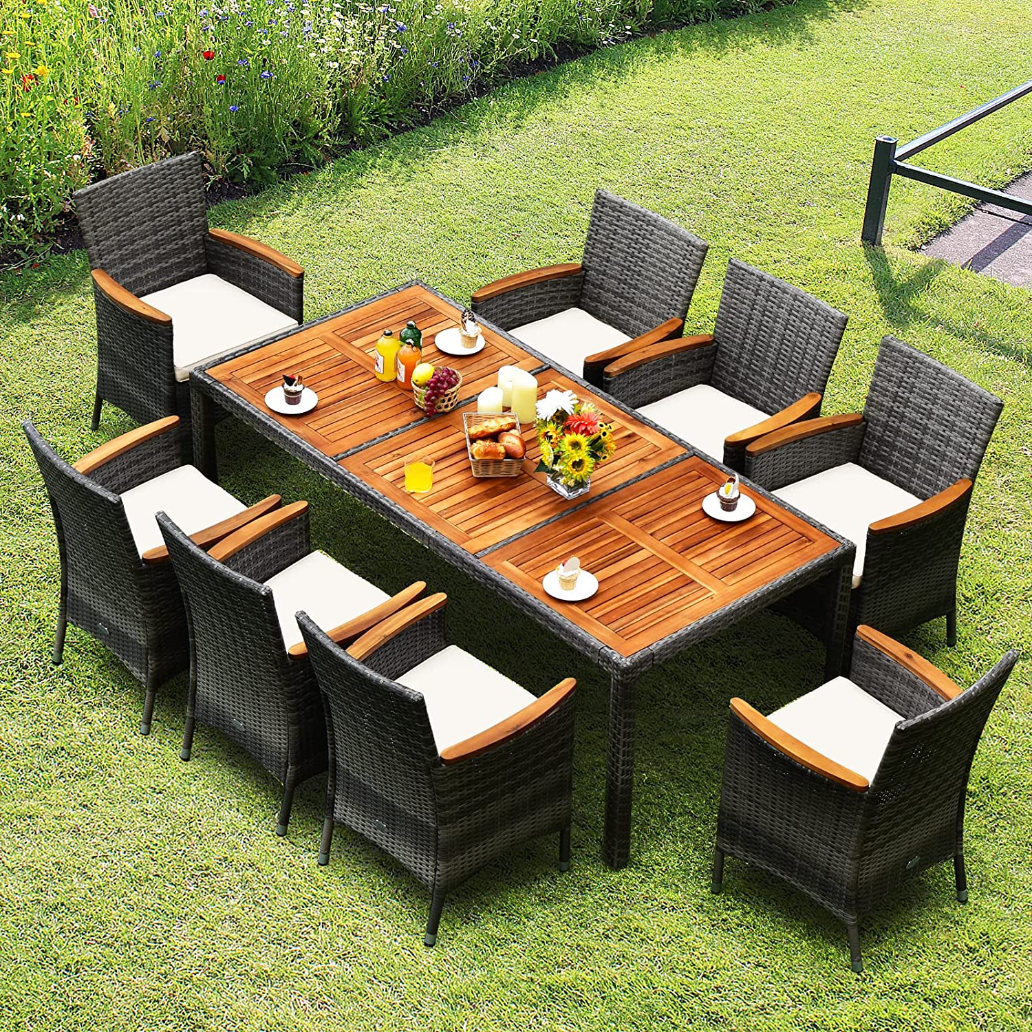 Chairliving 9 Pieces Patio Rattan Dining Set Garden Acacia Wood Furniture Set with 1 Rectangular Table and 8 Cushioned Chairs