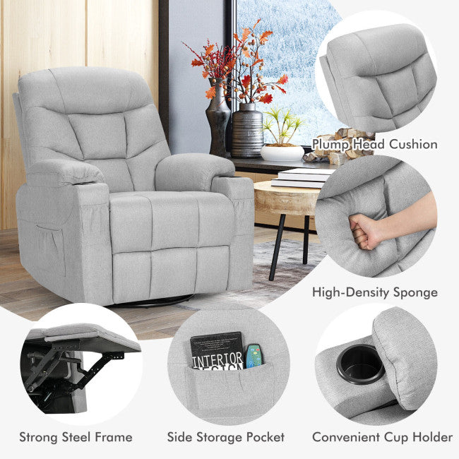 Chairliving Electric Massage Recliner Rocking Chair with Retractable Footrest and 360-degree Swiveling