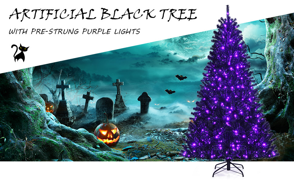 Chairliving Árbol de Halloween de Navidad artificial negro multiusos con luces LED moradas