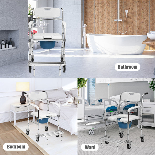 Chairliving Multifunctional Rolling Shower Commode Chair Toilet Wheelchair With Folding Pedal and Universal Wheel