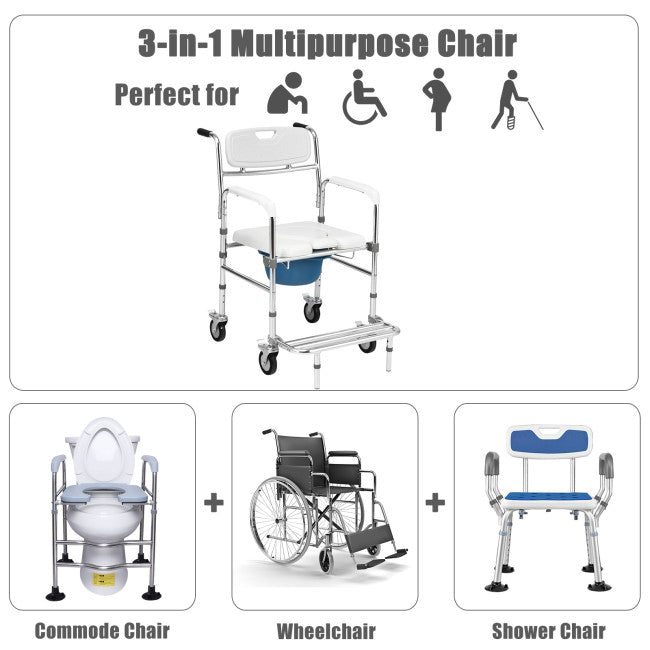 Chairliving Multifunctional Rolling Shower Commode Chair Toilet Wheelchair With Folding Pedal and Universal Wheel