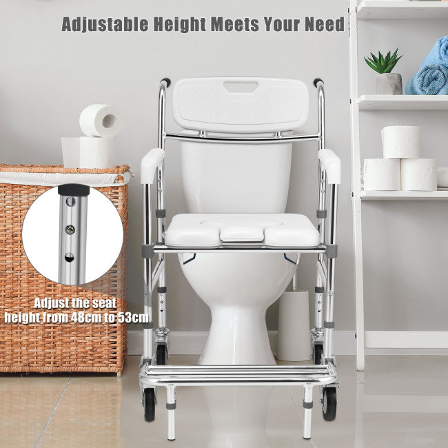 Chairliving Multifunctional Rolling Shower Commode Chair Toilet Wheelchair With Folding Pedal and Universal Wheel