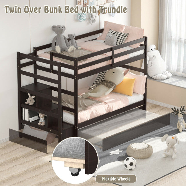 Chairliving Wooden Twin Over Twin Bunk Bed with Stairs and Storage Shelf