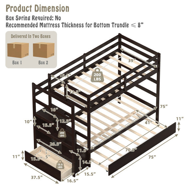 Chairliving Wooden Twin Over Twin Bunk Bed with Stairs and Storage Shelf