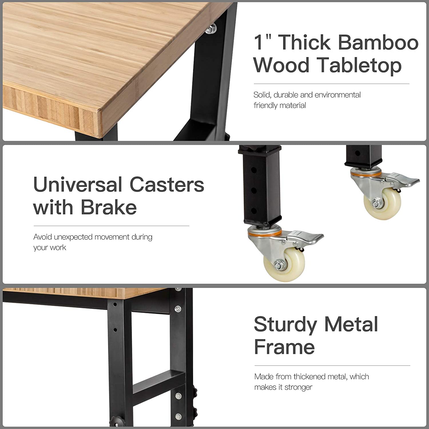 Chairliving Bamboo Mobile Adjustable Work Bench 2200LBS Heavy Duty Wood Top Work Table Hardwood Workstation with Casters