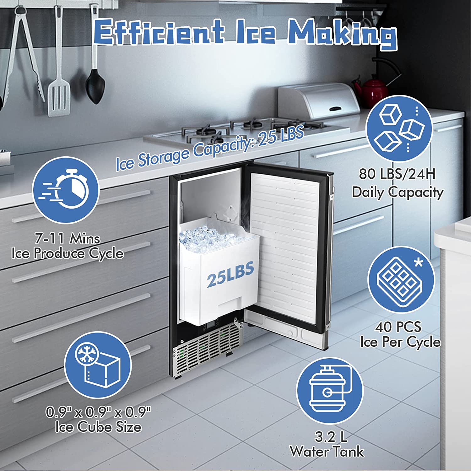 Commercial Ice Cube Maker 80LBS 24H Freestanding and Under Counter 115V Industrial Ice Machine with 25 LBS Ice Bin and Drain Pump