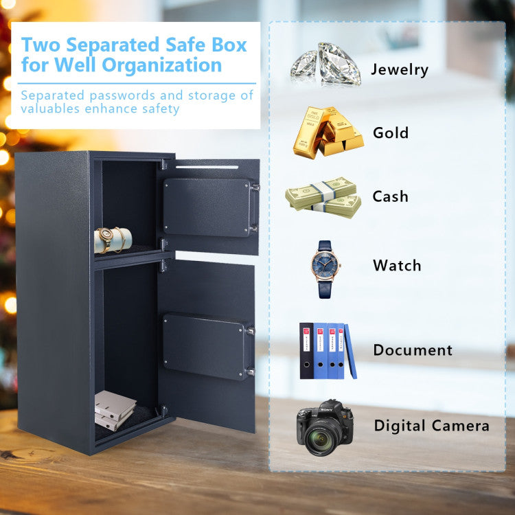 Digital Safe Box Double Door Security Depository Drop Box with Separate Keypad and Emergency Keys